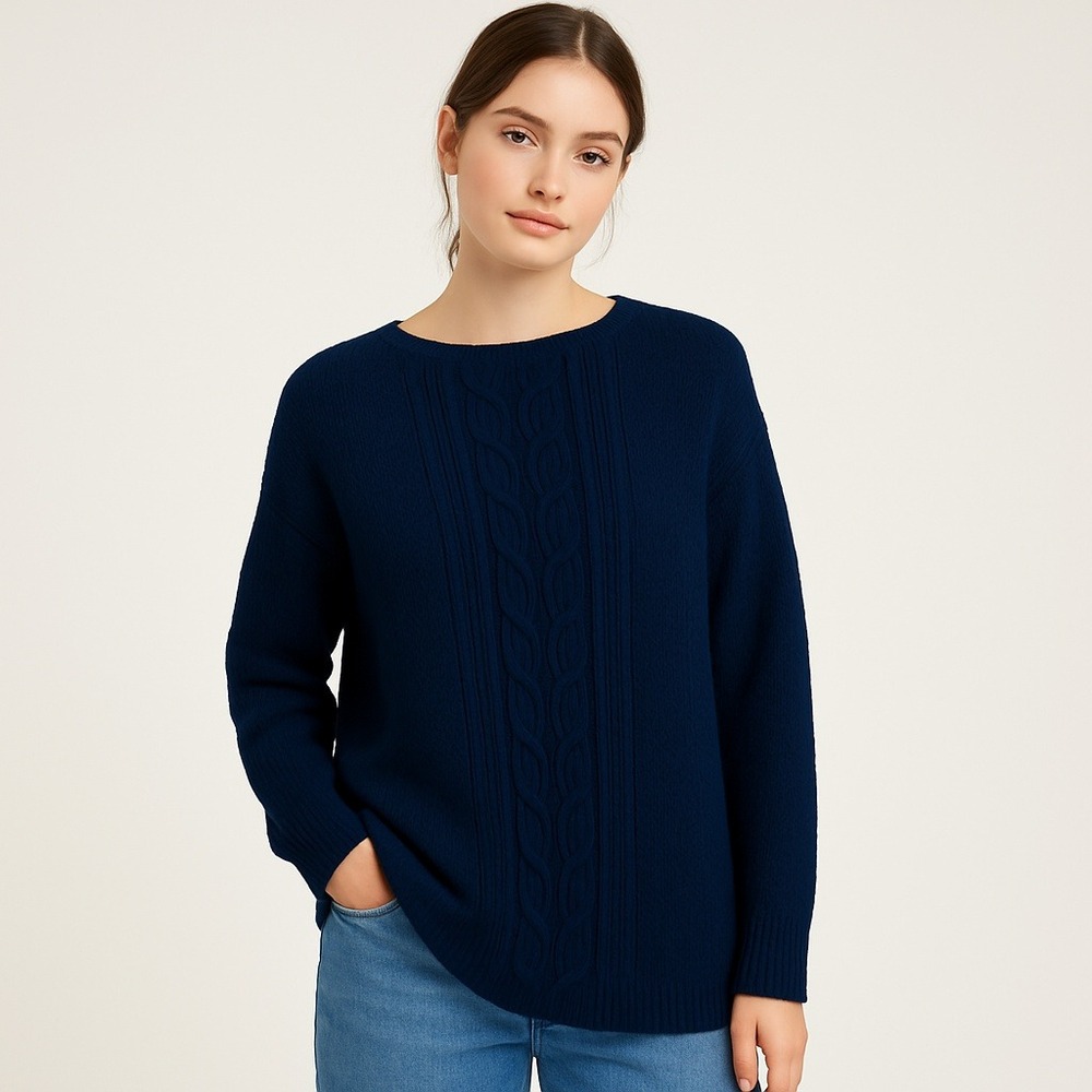 Chaps Womens Navy Cable Knit Tunic Sweater‎ L Preppy Academia Fall Winter Cozy